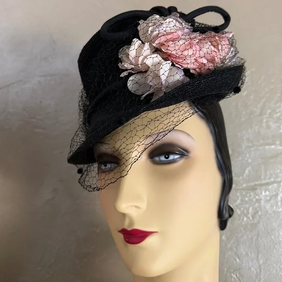 RADIANT 1940s\' BLACK STRAW FEDORA WITH FABRIC FLOWERS + DOTTED VEIL P1210695__69493.1753301832.JPG?c=2 main image 2